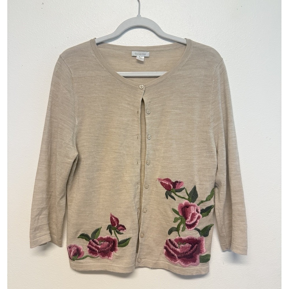 Garnet Hill Womens Beige 100% Merino Wool Floral Embroidered Cardigan Sweater L